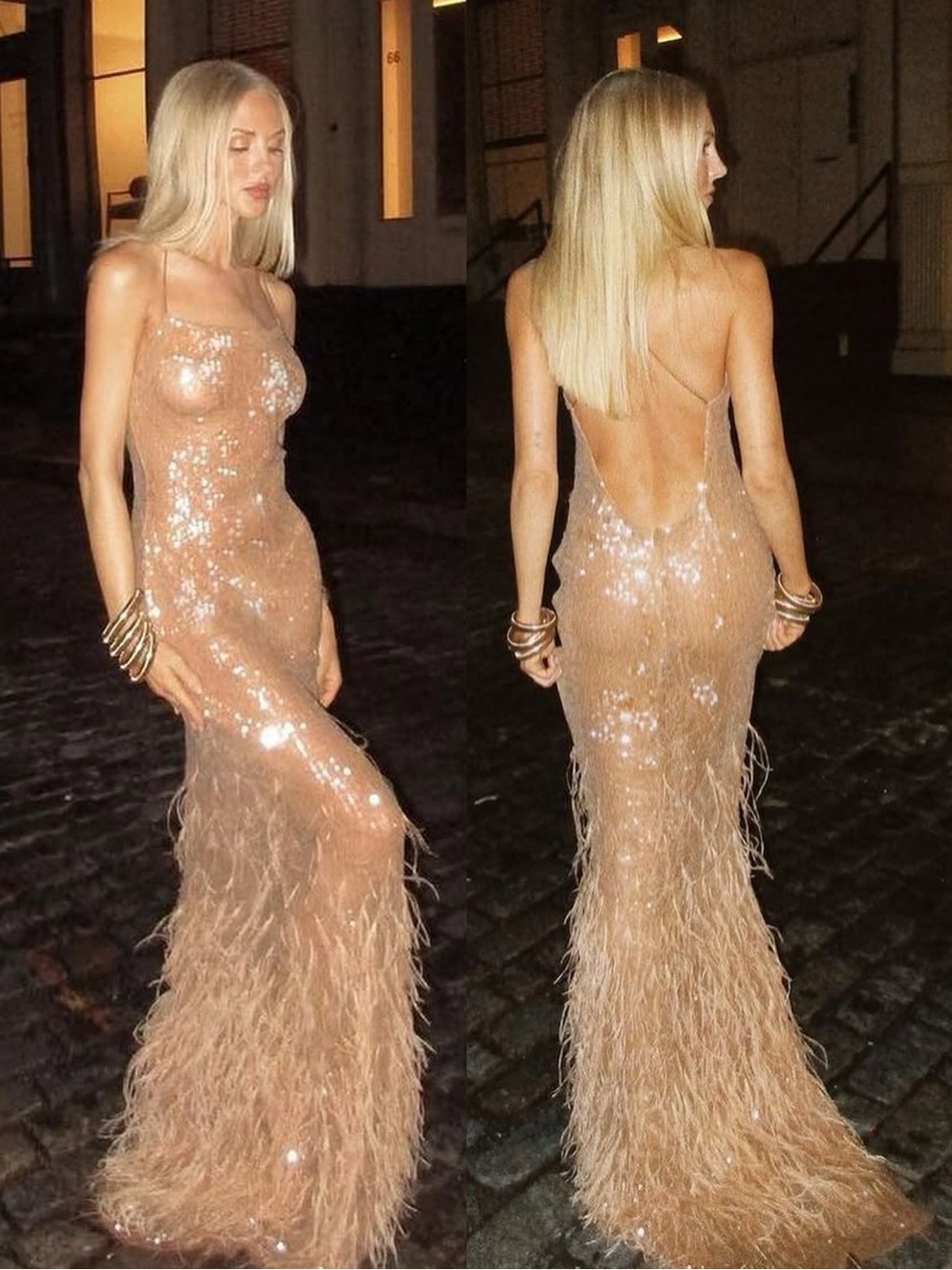 Retrofete Odessa Sequin Ostrich Feather Trimmed Sheer Gown Maxi Dress Tannin - Picture 15 of 16